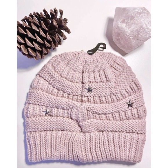 New Adult Size CC Winter Blush Pink Preppy Cable Knit Hat Cap Beanie w/ Stars - Picture 7 of 7